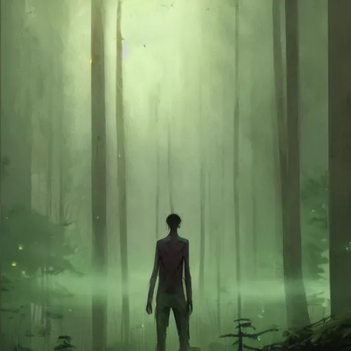 Image similar to concept art by greg rutkowski, a very tall and slender young man, frightened, surrounded by fireflies, in the middle of a forest of giant trees, detailed portraits, disturbing atmosphere, uncanny green lighting, scifi, digital painting, artstation, concept art, smooth, sharp foccus ilustration, artstation hq