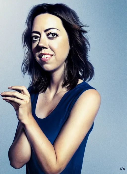 Image similar to full length photo of Aubrey Plaza in a tanktop in the style of stefan kostic, full body, not realistic, sharp focus, 8k high definition, insanely detailed, intricate, elegant, art by stanley lau and artgerm