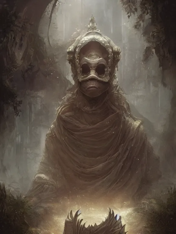 Image similar to a ultradetailed beautiful concept art of a strange and shady mask, placed on an old stone altar, the air seems to become oppressing around the mask, concept art, high resolution 4 k, by tom bagshaw, greg rutkowski, charli bowater and artgeem