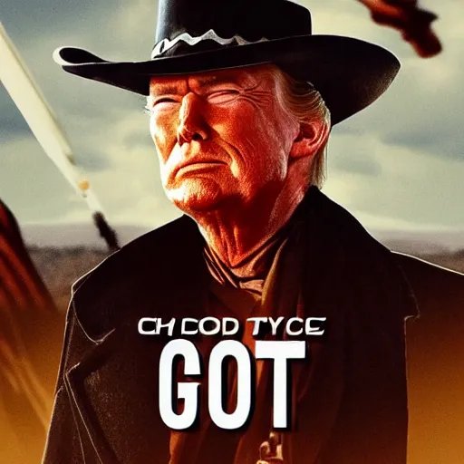 Image similar to donald trump as clint eastwood squinting at high noon in the style of a clint eastwood movie, the good, the bad and the ugly, clint eastwood, steven seagal, bud spencer, donald trump, glory days, american flag, patriotism, apple pie, black and white, artgerm, trending on artstation