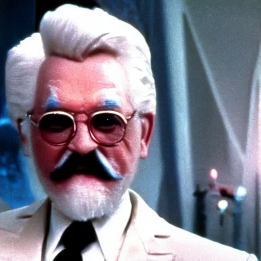 Image similar to A movie still of Colonel Sanders as a 1980s supervillian