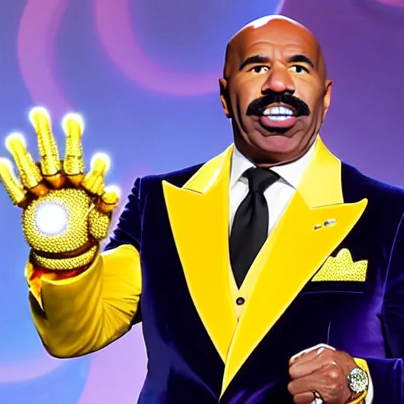 Prompt: Steve Harvey Wearing the infinity gauntlet