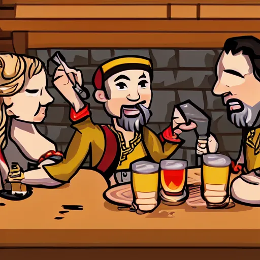 Prompt: important pirates drinking grog in a tavern table pixel