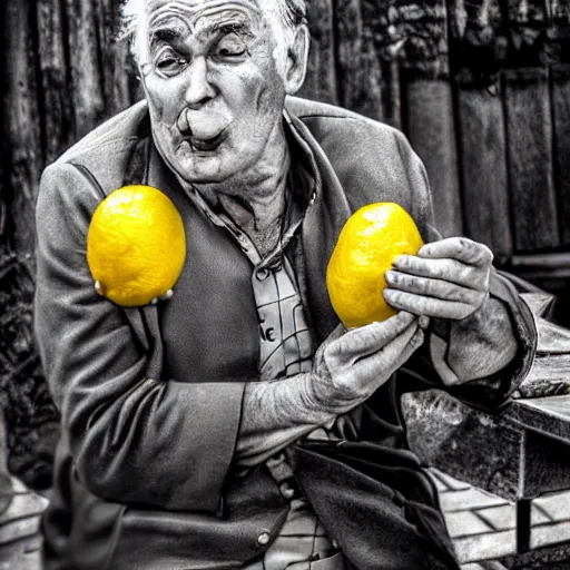 Prompt: old men eating lemon very detailed photo award winning, realistic real life style