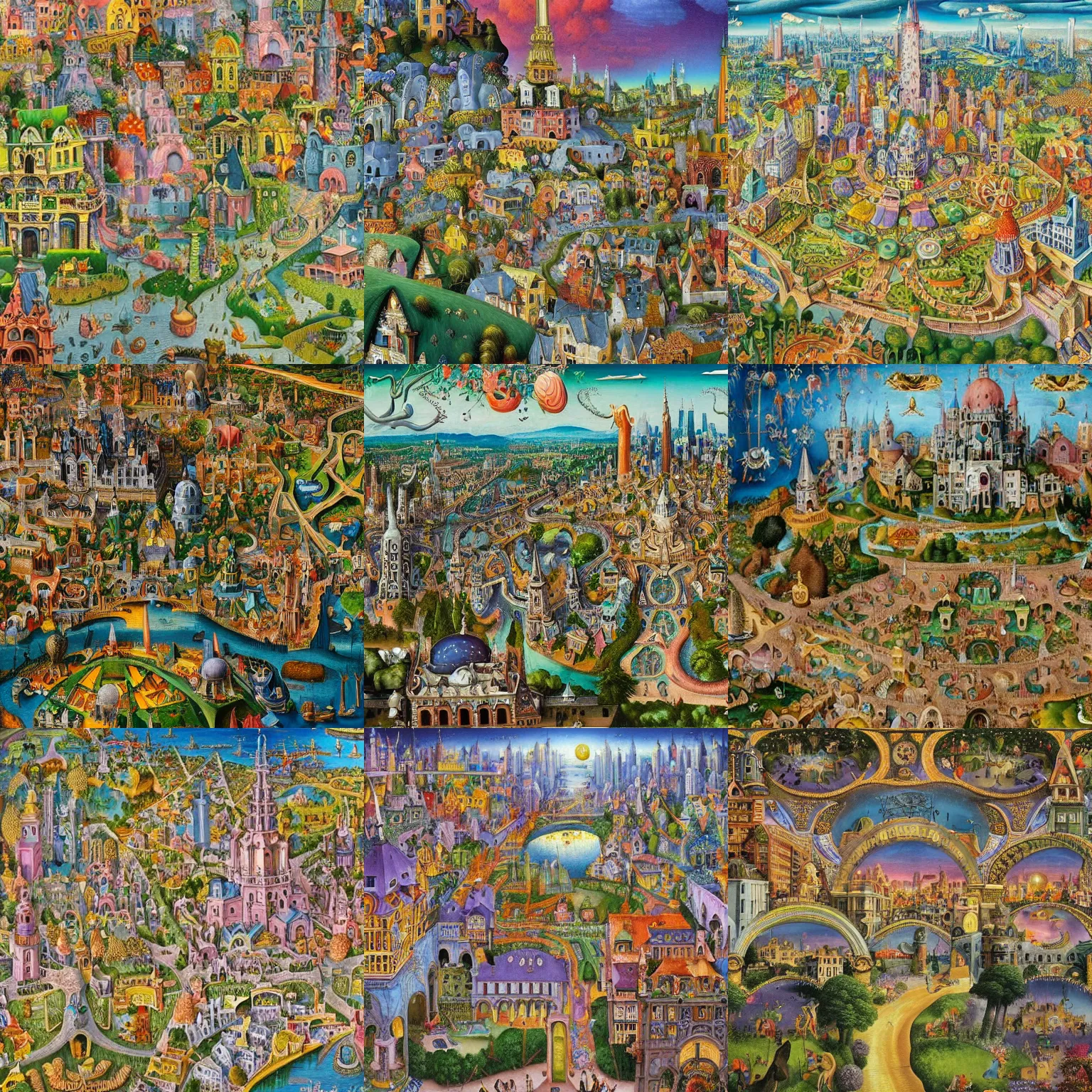 Prompt: an incredibly detailed masterpiece painting of a city by bosch and Lisa frank, ornate, detailed, high resolution, wow!, intricate