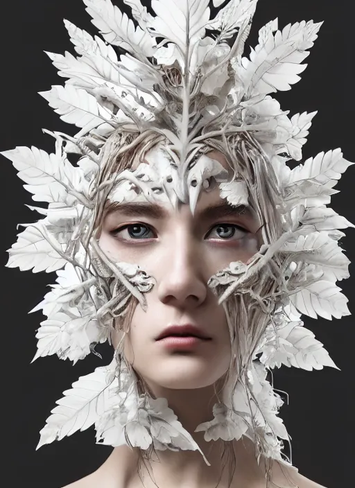 Prompt: portrait character design beautiful elegant cyborg warrior made of white porcelain, beautiful huge eyes, white metallic intricate herbacious headdress branches leaves and roots, fine details, elegant, medium shot, high tonal contrast, volumetric lighting, natural soft rim light, octane rendered