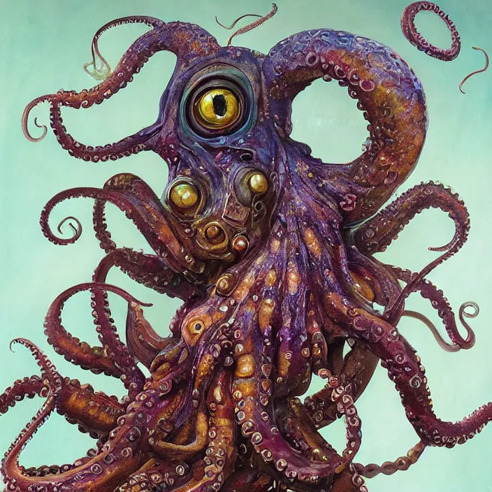 Image similar to beautiful and exotic octopus queen bust portrait, glowing big eyes, art nouveau declotage, perfect symmetrical facial features, hyperrealistic bone structure, extremely hyperdetailed, mixed media painting, unreal engine, 8 k, octane, 8 mm, by travis charest, rodney matthews and chris achilleos