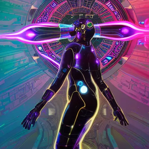 Image similar to symmetry! abstract futuristic robotic, psychedelic background, apex legends, epic lighting, illustration black outlining, ultra detailed, art by artgerm and greg rutkowski and alphonse mucha