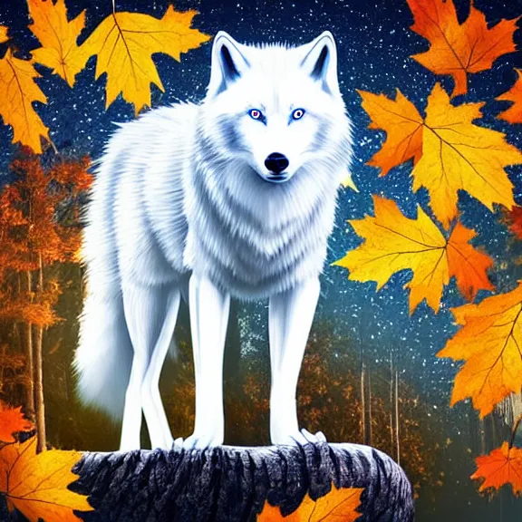 Prompt: white wolf with blue eyes stands in a dark night dormant autumn forest with magic moon in sky, no yellow color in eyes, no yellow color, realistic