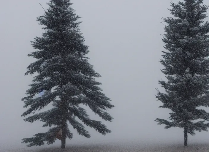 Prompt: a single fir tree in a desolate blizzard landscape, very foggy, out - of - focus lights in the background