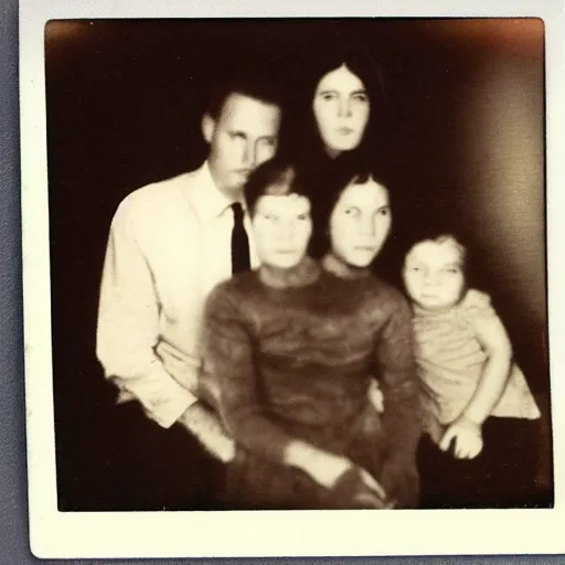 Prompt: old polaroid of a family, there is a gloomy atmosphere in the ambient, a ghost can be seen in the background