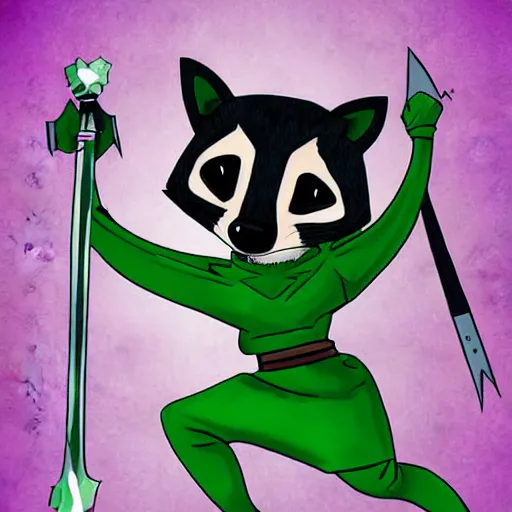 Image similar to digital art of a raccoon in a green rouge outfit duel wielding daggers