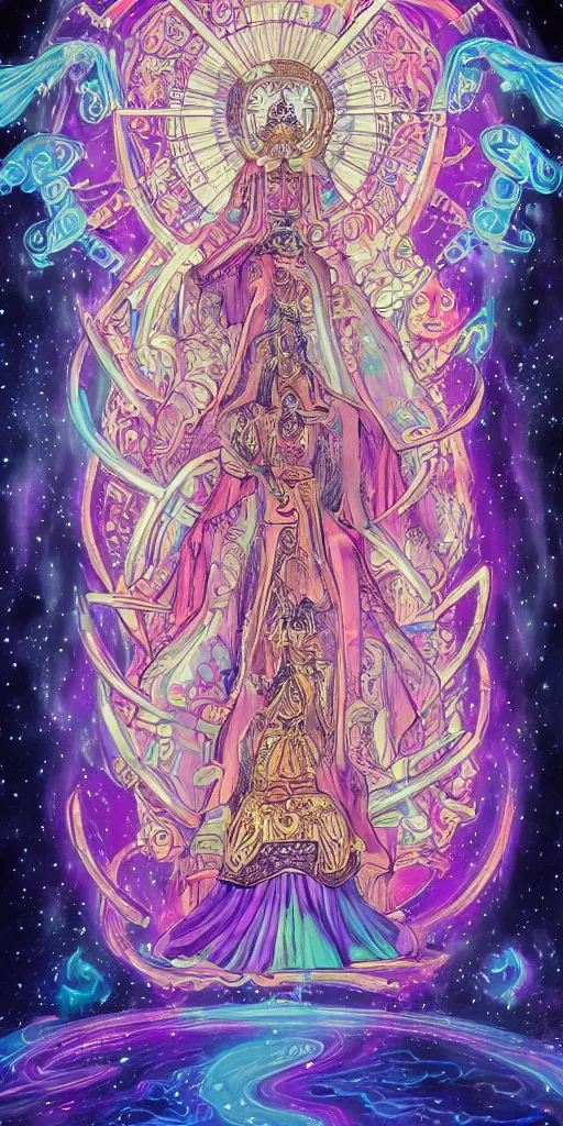 Prompt: a mystical woman priestess sitting on a throne, the divine feminine, drawn by studio UFOTABLE, psychedelic, pastel colors, Tarot cards. The empress tarot card, detailed, anime