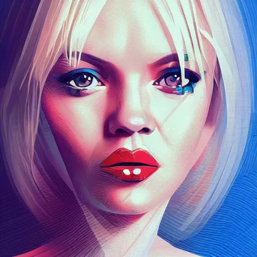 Image similar to alternative pamela anderson portrait look alike, cubism abstract, art by ross tran style reminiscent of illustrative children books, digital art