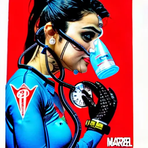 Image similar to a profile photo of a pakistani woman with a diving oxygen mask with side profile blood in ocean intricate details by MARVEL comics and Sandra Chevrier-C