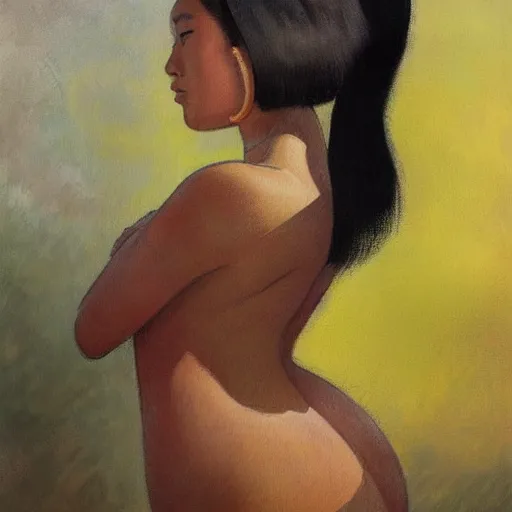 Image similar to A beautiful painting. She has deeply tanned skin that makes me think of Oort, an almond Asian face and a compact, powerful body. lemon chiffon, azure by John Kenn Mortensen, by Paul Gauguin highly detailed, Trending on artstation