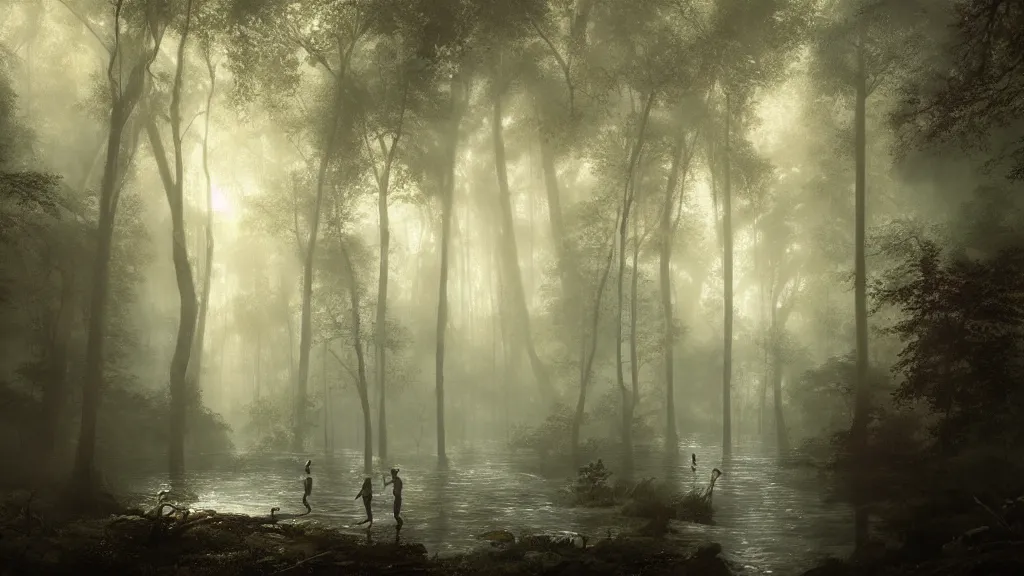 Image similar to a clearing with a deep pool of water, a sanctuary in the dark, dense forest. andreas achenbach, artgerm, mikko lagerstedt, zack snyder, tokujin yoshioka