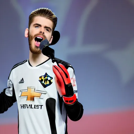 Prompt: david de gea singing pop with a microphone, indoor