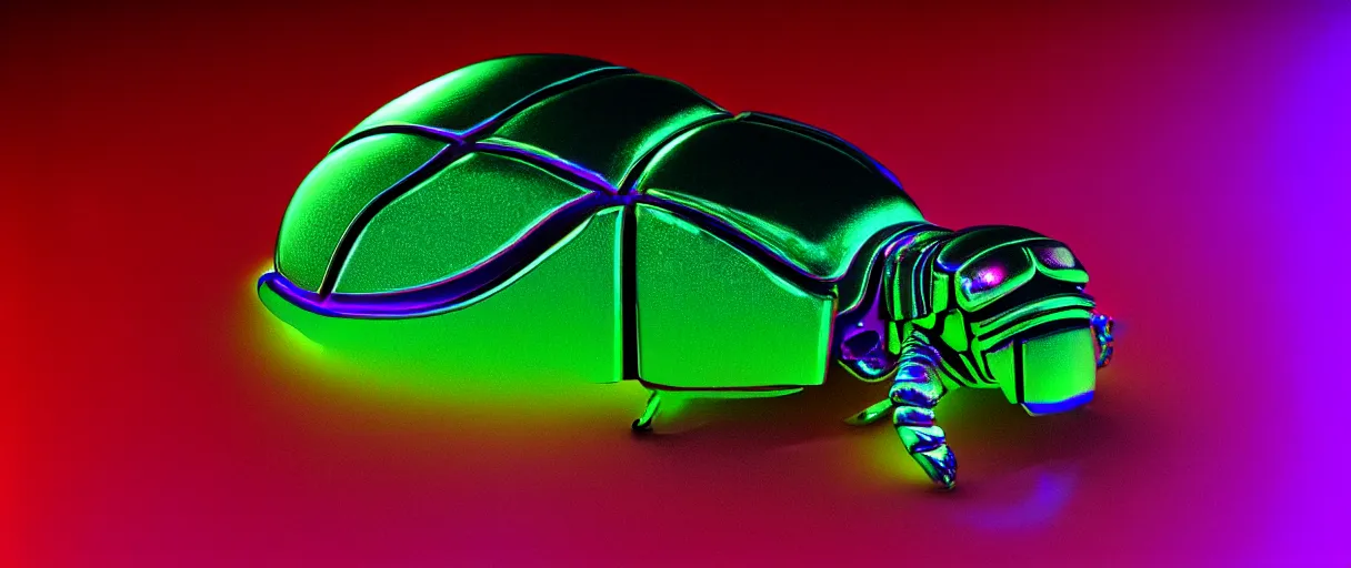 Image similar to hyperrealistic glowy iridescent cyborg scarab! jeweled gorgeous! highly detailed digital art david ligare peter zumthor dramatic purple neon lighting high quality low angle hd 8k sharp shallow depth of field
