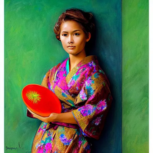 Image similar to stunning, breathtaking, awe - inspiring award - winning concept art portrait painting by steve mccurry of a beautiful young blonde latina woman with short, wavy hair, wearing a colorful yukata