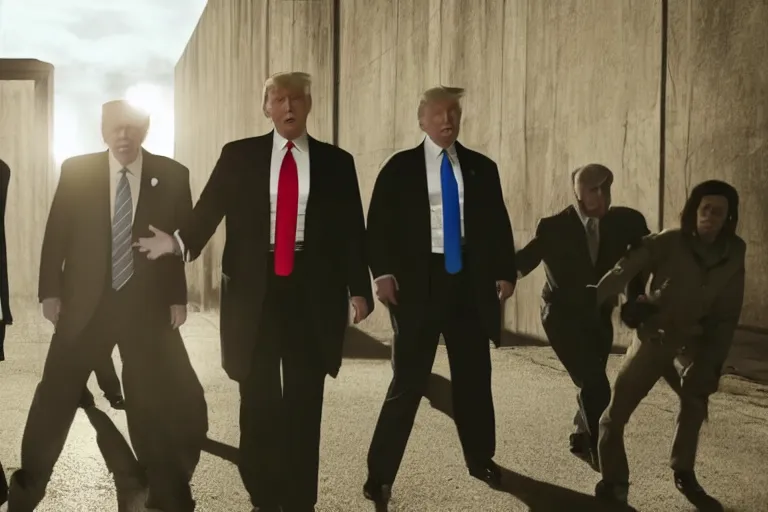 Image similar to cult members breaking donald trump out of prison mission impossible style, cinematic lighting