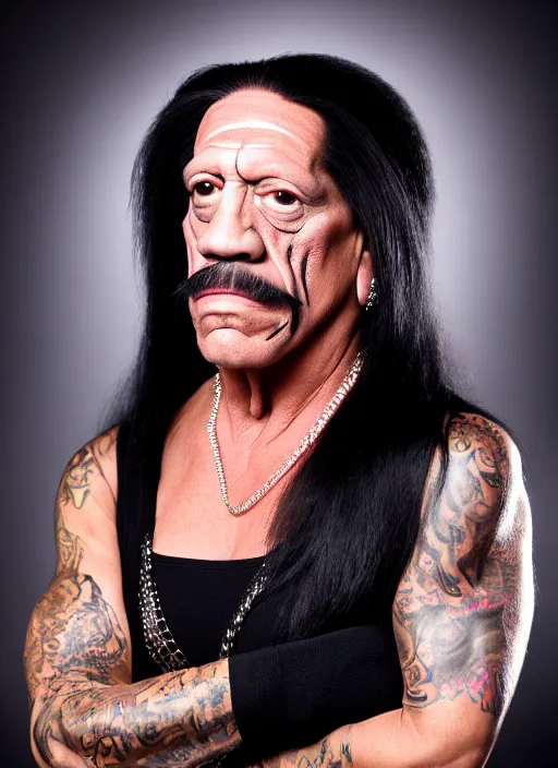 Image similar to studio portrait of danny trejo in full drag dressed in drag dressed as a woman makeup, 8 k, studio lighting, key light, back light, sequents,