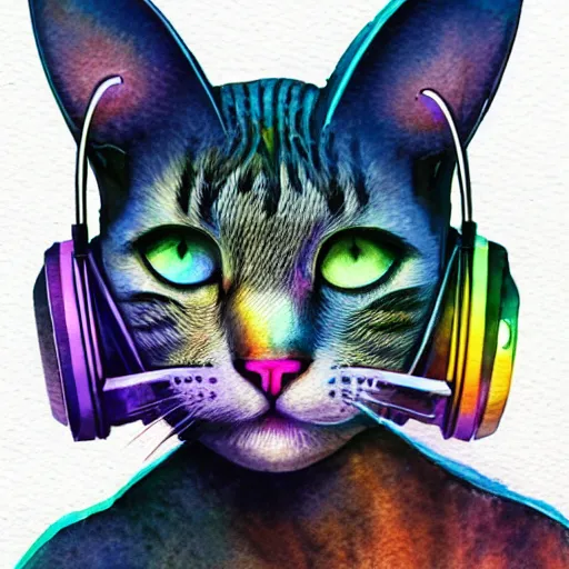 Prompt: beautiful detailed watercolor artwork of an anthropomorphic female cat wearing rgb gamer headset, super detailed, portrait, trending on artstation, deviantart, pixiv, made by jay naylor, dan mumford