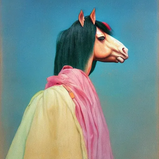 Image similar to painting of a glorious horse head, editorial fashion photography, pastel color palette, by łempicka