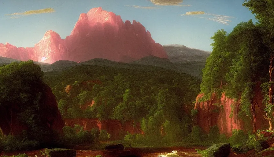 Image similar to pink american landscape, painted by thomas cole