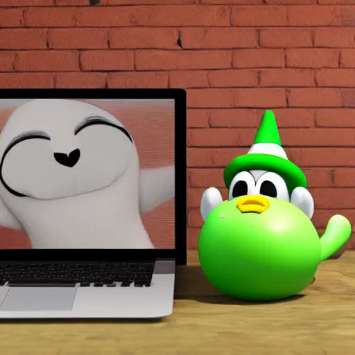 Image similar to penguin from linux with a luigi hat sits in front of a laptop, background is a room filled with anime posters, digital art, blender, 4 k