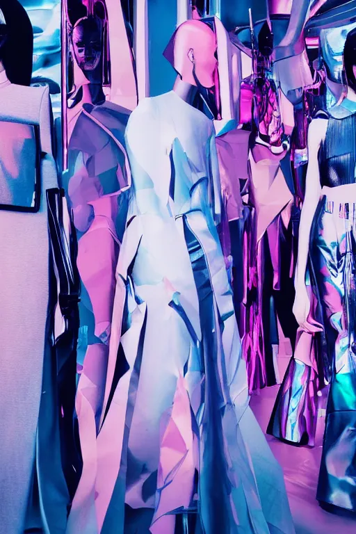 Image similar to an award winning fashion photograph of Balenciaga's fashion week 2049 by Moebius, cyberpunk, futuristic, Bladerunner 2049, dazzle camouflage!!, dayglo pink, dayglo blue, raven black, corporate