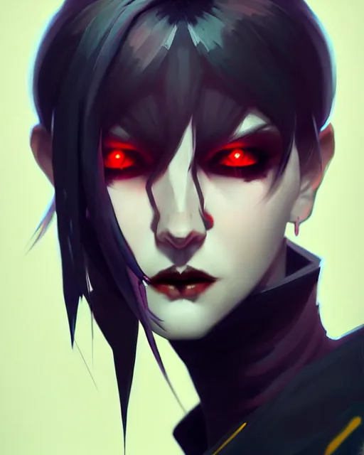 Prompt: hq rendering, dark vampire, character portrait, concept art, painterly, fanart, highly detailed in the style of overwatch by ilya kuvshinov, wenjun lin,