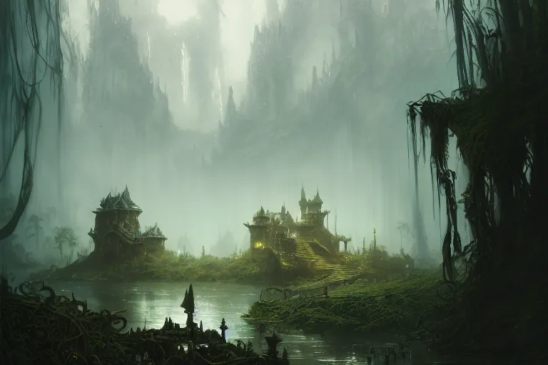 Prompt: old forgotten kingdom surrounded by murky swamps, deep focus, d & d, fantasy, intricate, elegant, highly detailed, digital painting, artstation, concept art, matte, sharp focus, illustration, hearthstone, art by greg rutkowski and alphonse mucha and andreas rocha