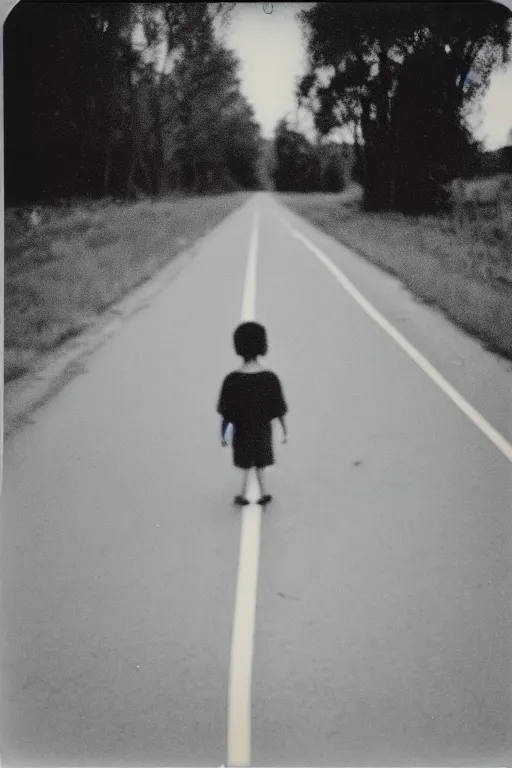 Image similar to photo polaroid of a sad and lonely child in the middle of a road with field hospitals around, pandemic, loneliness, black and white ,photorealistic, 35mm film,