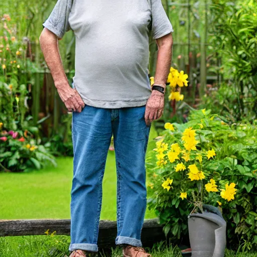Image similar to portrait of an old man in with short grey hair and no beard wearing a straw hat standing in a garden, yellow t shirt, jeans, brown leather shoes, photography, high detail,