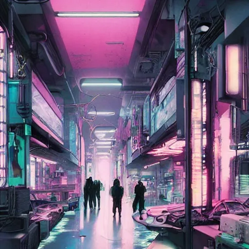 Image similar to cyberpunk inner gallery, iridescent tv repair shops, cybernetic body parts shops, pink noir matte painting by raoul ruiz, yoji shinkawa and esao andrews