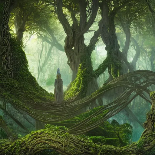 Image similar to a beautiful and highly detailed matte painting of a wooden elven temple in a magical fantasy garden in a lush forest, celtic knots, ancient runes, knotted trees, tangled vines, intricate details, epic scale, insanely complex, 8 k, sharp focus, hyperrealism, very realistic, by caspar friedrich, albert bierstadt, james gurney, brian froud,