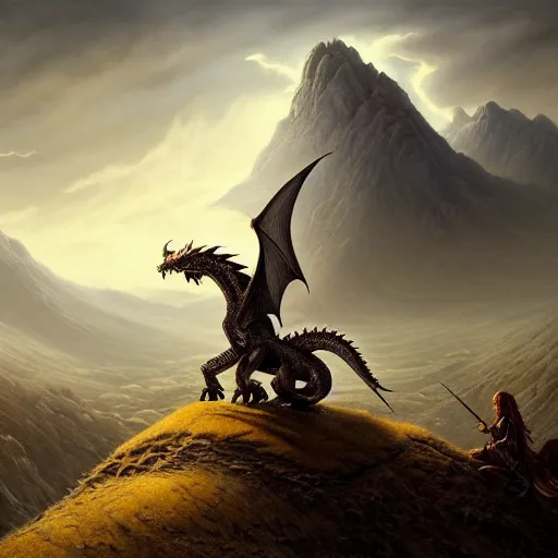 Prompt: dragon on a hill. cinematic. film still. matte painting. hd. volumetric light. concept art. octane render. in the style of lord of the rings. epic. detailed. intricate. beautiful. perfect. fine line detail. hd illustrative wallpaper, style of tom bagshaw, cedric peyravernay, peter mohrbacher,