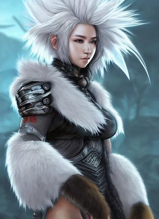 Prompt: warrior, fur - lined wolf armor!!! beautiful and elegant white hair female!! monster hunter!! character concept art, sharp focus, octane render! unreal engine 5! highly rendered!! trending on artstation!! detailed linework!! illustration by artgerm, wlop, and chie yoshii