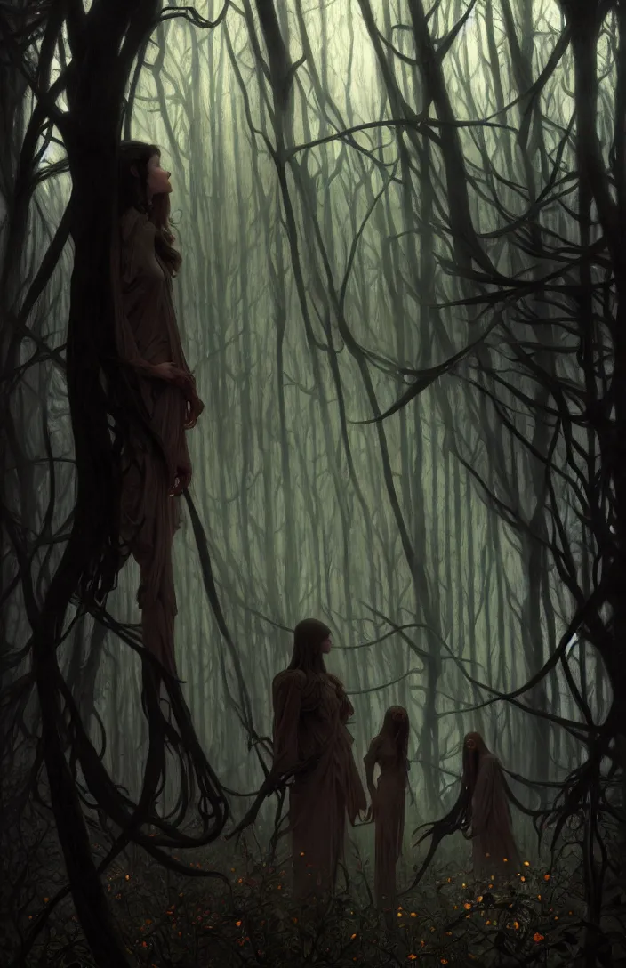 Image similar to shadow people watching us inside a dark horror forest, heroic lighting, folklore, intricate, highly detailed, lifelike, photorealistic, digital painting, artstation, illustration, concept art, smooth, sharp focus, art by John Collier and Albert Aublet and Krenz Cushart and Artem Demura and Alphonse Mucha