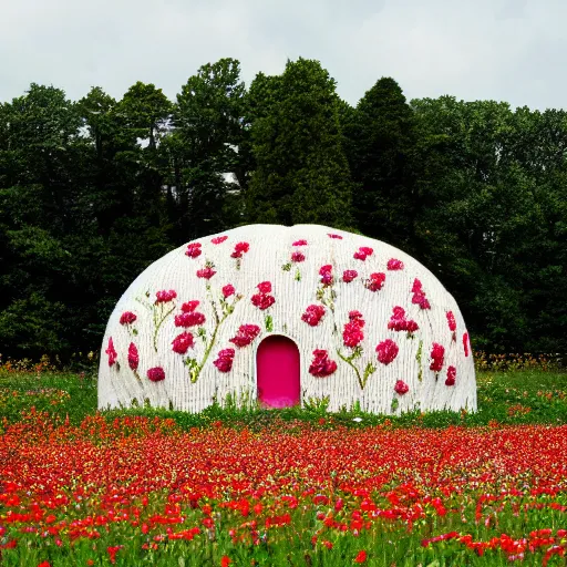 Prompt: strawberry - shaped house in a field full of flowers