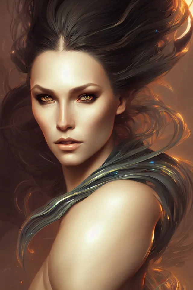 Image similar to futuristic woman portrait, sci-fi, amber eyes, face, long hair, fantasy, intricate, elegant, highly detailed, digital painting, artstation, concept art, smooth, sharp focus, illustration, art by artgerm and greg rutkowski and alphonse mucha