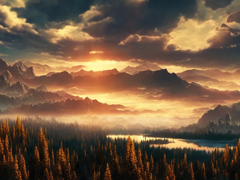 Prompt: epic crystalline taiga with a lake, golden hour, distant mountains, atmospheric perspective, altostratus clouds, planets, cinematic, 3 5 mm lens, photographic, octane render, cinematography by roger deakins, in the style of ansel adams