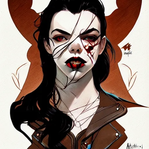 Image similar to rafael albuquerque comic art, art nouveau, peter mohrbacher, pretty female anya taylor - joy vampire sharp vampire teeth open mouth, symmetrical eyes and face, brown leather jacket, jeans, long black hair, full body