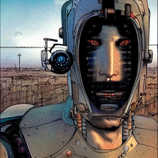 Image similar to Digital portrait of a cyborg from Ghost in the machine by Enki bilal and Moebius and francois Schuiten, cyberpunk, impressive perspective, aesthetic, masterpiece