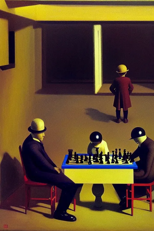 Image similar to group of men watching a little kid playing chess with a robot, edward hopper and james gilleard zdzislaw beksisnski higly detailed