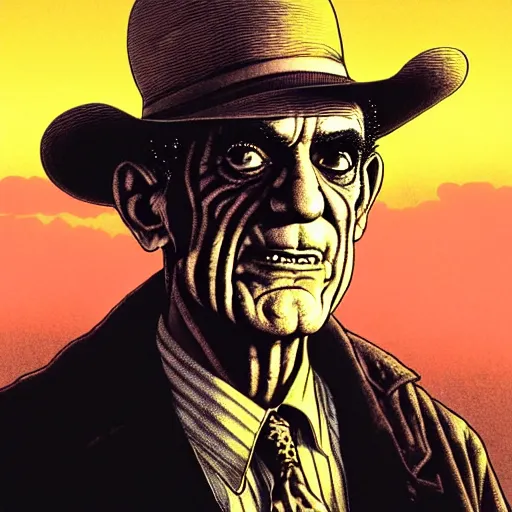 Image similar to full portrait of abe vigoda, disturbing horror zombie manga cover illustration by junji ito and joe fenton and syd mead and p. craig russell and barry windsor - smith, artstation, 4 k, graphic novel, concept art, matte painting, beautiful american rustic western landscape sunset background, golden hour, art nouveau