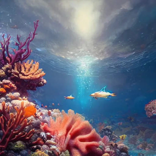 Prompt: beautiful coral reef photorealistic painting, wlop, concept art, octane render, deviantart, greg rutkowski, cinematic, artstation, key art, hyperrealism