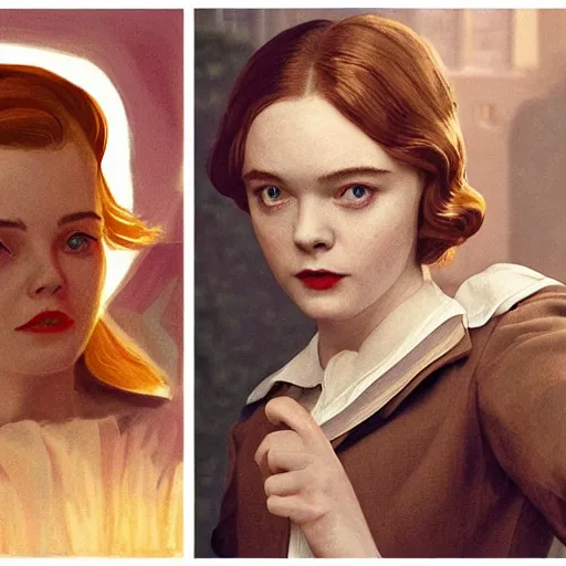Prompt: Elle Fanning, head and shoulders masterpiece, in Bioshock Rapture, golden hour, in a garden, artstation, in the style of Art Deco and Edward Hopper and Bosch, extremely detailed