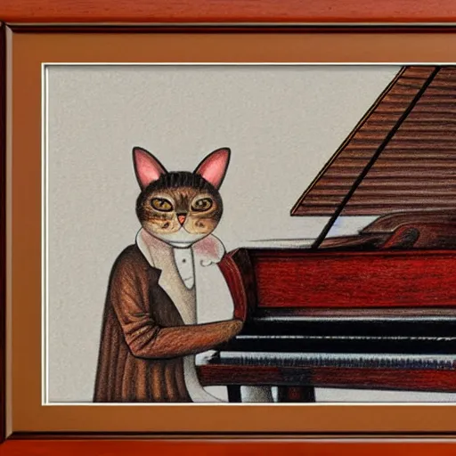 Prompt: anthropomorphic cat playing piano on stage at concert hall, detailed color pencil drawing 4 k